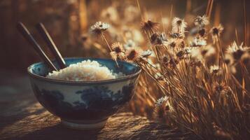 Rice bowl with chopsticks and dried flowers. photo
