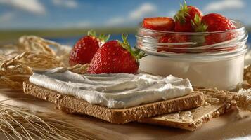 Strawberry cream on a cracker, wheat stalks in background. photo