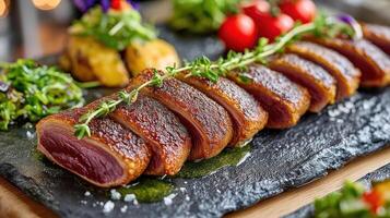Seared duck breast with herbs and roasted vegetables. photo