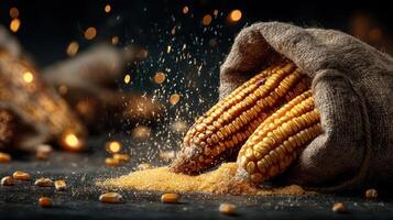 Corn kernels spilling from a burlap sack, golden and rustic. photo