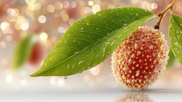 Lotus fruit and leaf with water droplets, bokeh background. photo