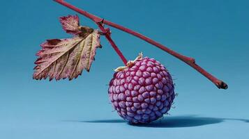 Close-up of a ripe raspberry with a leaf and stem. photo