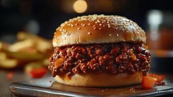 Delicious pulled pork burger with sesame bun and tomato. photo