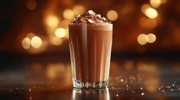 Rich chocolate dessert in a glass with whipped cream. photo