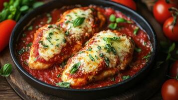 Delicious chicken parmesan with tomato sauce and basil. photo