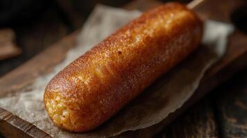 Delicious corndog on a stick, ready to eat. photo
