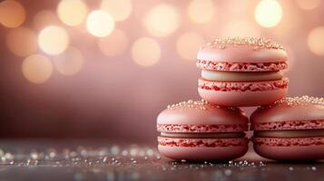 Stack of raspberry macarons with sparkling sugar, bokeh background. photo