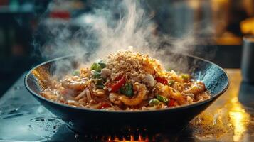 Spicy shrimp noodles in a dark bowl, steaming on a stove. photo