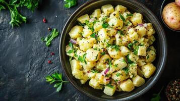 Herbed potato salad in a bowl, top-down view. photo
