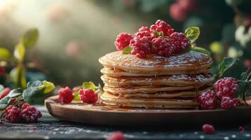 Stack of pancakes topped with raspberries and drizzled with honey. photo