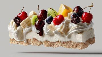 Delicious fruit cake with whipped cream and fresh berries. photo