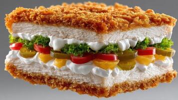Crispy fried sandwich with lettuce, tomato, and creamy sauce. photo