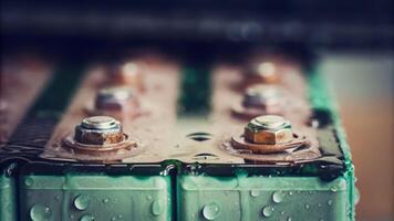 Dramatic macro shot of a wet lithium battery in water droplets industrial setting close-up view technology concept photo