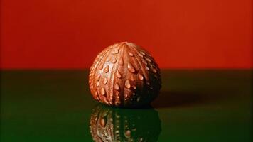 Wet hazelnut macro shot on reflective surface dramatic mood studio setting for food photography photo