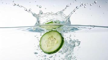 Cucumber slice dropping into clear water with bubbles and ripples high-speed photography bright lighting effect photo