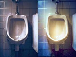 Before and after cleaning photos of a dirty urinal vs sparkling clean with a fresh lemon emphasis bathroom environment