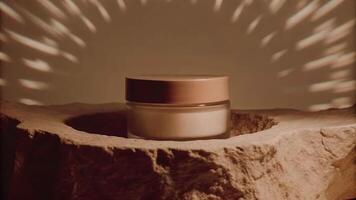 Radiant cosmetic jar nestled in meteor crater captivating product display artistic environment close-up view photo