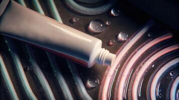 Creative toothpaste with water beads on glass artistic swirl minimalistic design wet surface perspective photo
