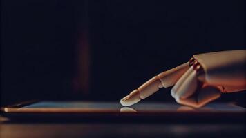 Cyber-focused robotic finger tapping touch screen in modern technology environment photo