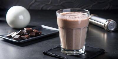 Smooth chocolate milkshake served with a side of chocolate. photo