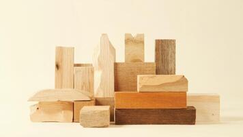 Abstract composition of various shaped wooden blocks arranged with neutral background photo