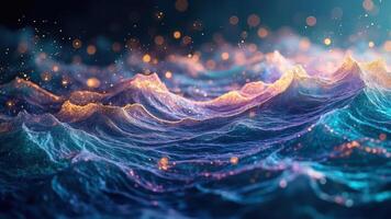 Abstract digital ocean waves with illuminated particle effects and a dreamy atmospheric background photo