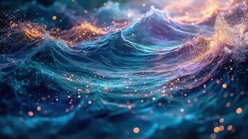 Abstract artistic rendering of ocean waves with glowing light effects and bokeh particles photo