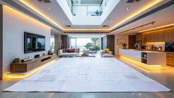 Modern luxury home interior showing architectural plans and design elements photo