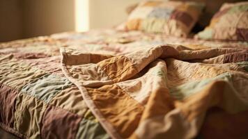 Cozy bed with a patchwork quilt in soft warm tones photo