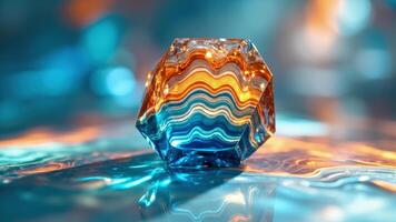 Abstract geometric shape with wavy internal layers and glowing colors reflecting on a textured surface photo