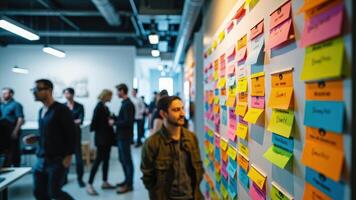 Brainstorming session with colorful sticky notes on a wall and professionals in a modern office space photo