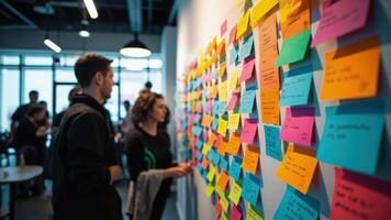 Team members brainstorming ideas at a collaborative workshop with colorful sticky notes on a wall photo