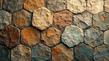 Texture of hexagonal stone tiles arranged closely showcasing varying colors and textures ideal for background design photo