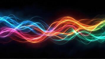 Colorful abstract wave lines flowing across a black background providing a dynamic and energetic visual suitable for various design applications photo