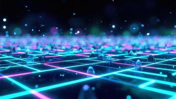 Futuristic digital landscape with glowing grid and abstract geometric shapes in a dark environment with bokeh effects photo
