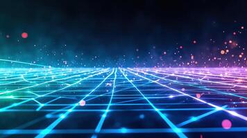 Abstract digital grid glowing lines with particles and light flare on a dark background representing technology network photo