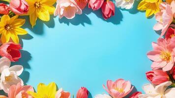 Beautiful array of colorful spring flowers bordering a bright turquoise background for creative design elements and floral arrangements photo