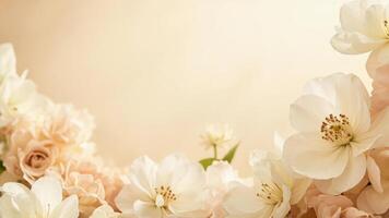 Delicate floral arrangement featuring creamy white and peach flowers on a soft beige background with space for text photo