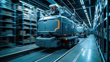 Autonomous guided vehicles transporting goods in a modern warehouse featuring automated logistics and technology photo