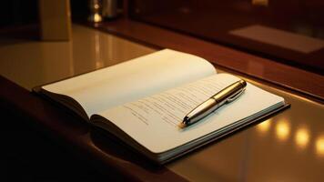 An elegant composition featuring an open notebook and a stylish fountain pen on a reflective surface photo