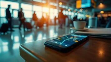 Modern smartphone displaying navigation app lying on a wooden table with blurry airport background and passengers photo
