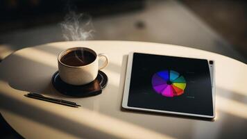 Coffee cup and tablet displaying a colorful pie chart illustrating financial data and analytics in a business setting photo