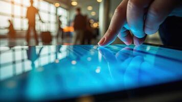 Close up of person using a modern digital tablet indoors with a blurred background of an airport terminal photo