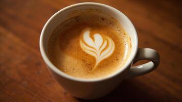 Close up view of latte art coffee in a white cup resting on wooden surface photo