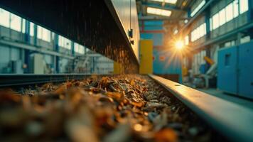Factory machine processing wood with sunlight illumination and sawdust particles photo