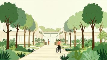 Architectural illustration of modern building and pathway lined with trees and greenery photo
