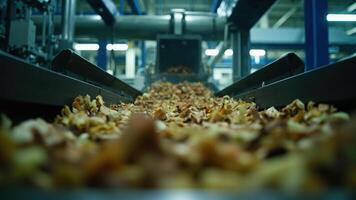 Automated conveyor belt transporting wood chips for industrial processing photo