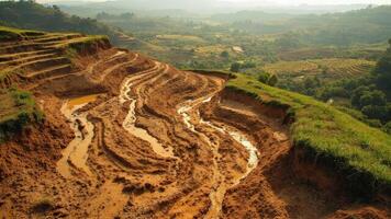 Terraced rice fields in rural vietnam showing erosion and flooding after rain photo