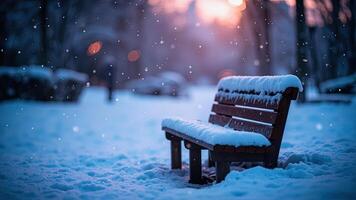 Serene winter scene featuring a snow covered bench in a snowy park with evening light photo