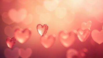 Romantic abstract image featuring floating transparent red glass hearts on a soft background photo